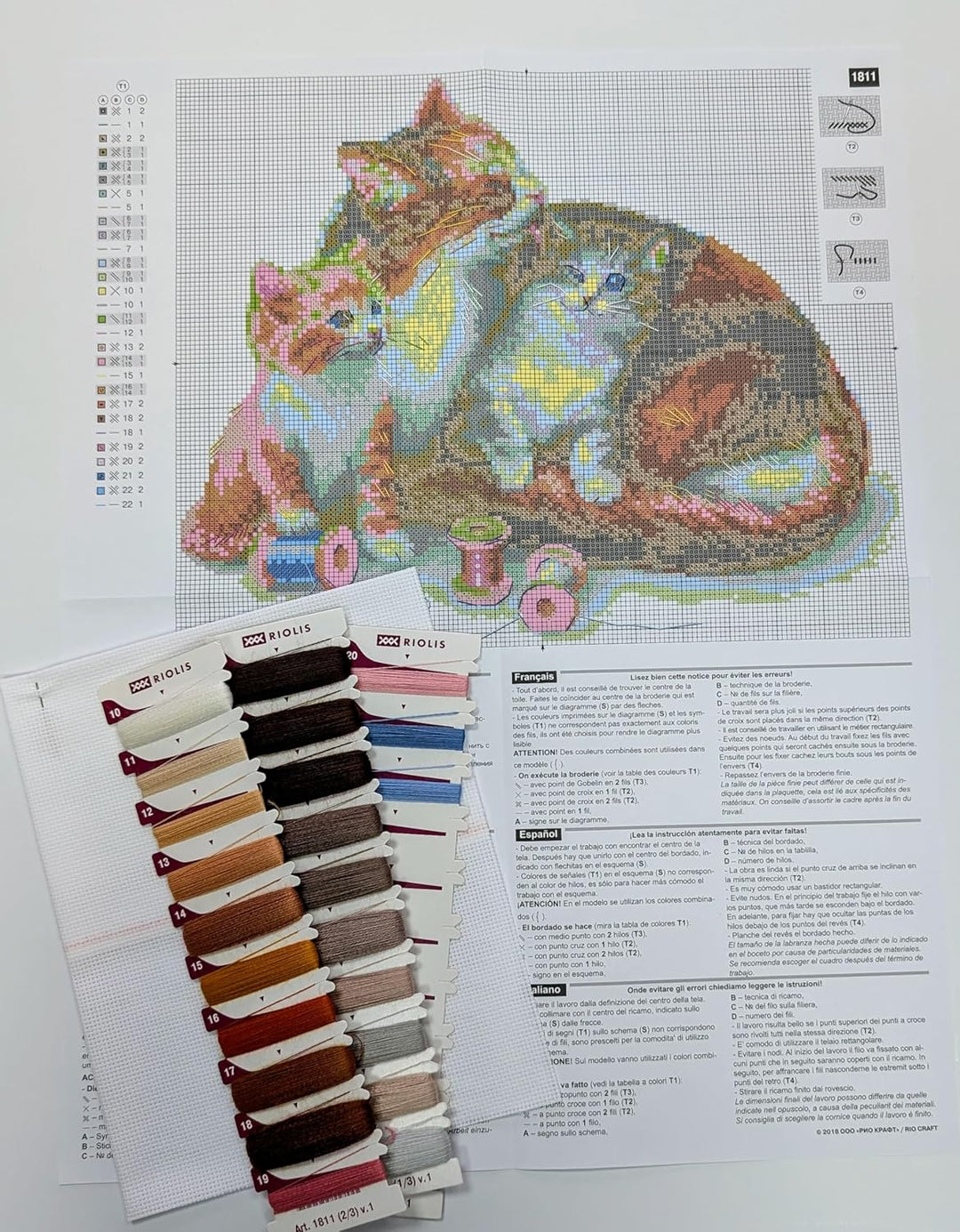 Riolis 1811 Katze mit Kätzchen, Zählmuster Kreuzstich-Set, Baumwolle, mehrfarbig, 3024cm