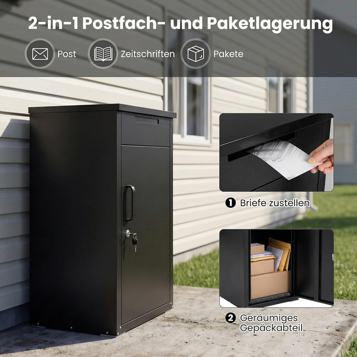 COSTWAY Paketbox, Briefkasten mit Paketfach aus verzinktem Stahl, Paketbriefkasten inkl. 2 Schlüssel