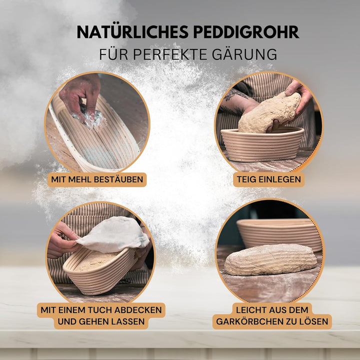Gärkörbchen 2er-Set – Rund & Oval Gärkörbe aus 100% Rattan zum Brotbacken inkl. Brotbackzubehör: Lei