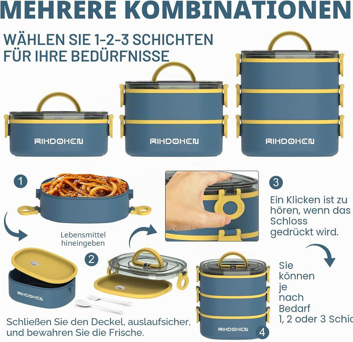 RIKDOKEN Bento Box Lunchbox, stapelbare 3-lagige Behälter, tragbare 2.6 l grosse Kapazität, auslaufs