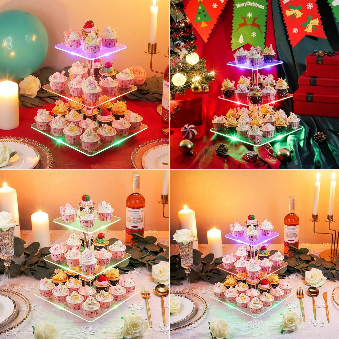 3 Etagen Cupcake Ständer, Ulifeme Wiederaufladbarer LED-Licht Quadrat Transparenter Dessert Tortenst