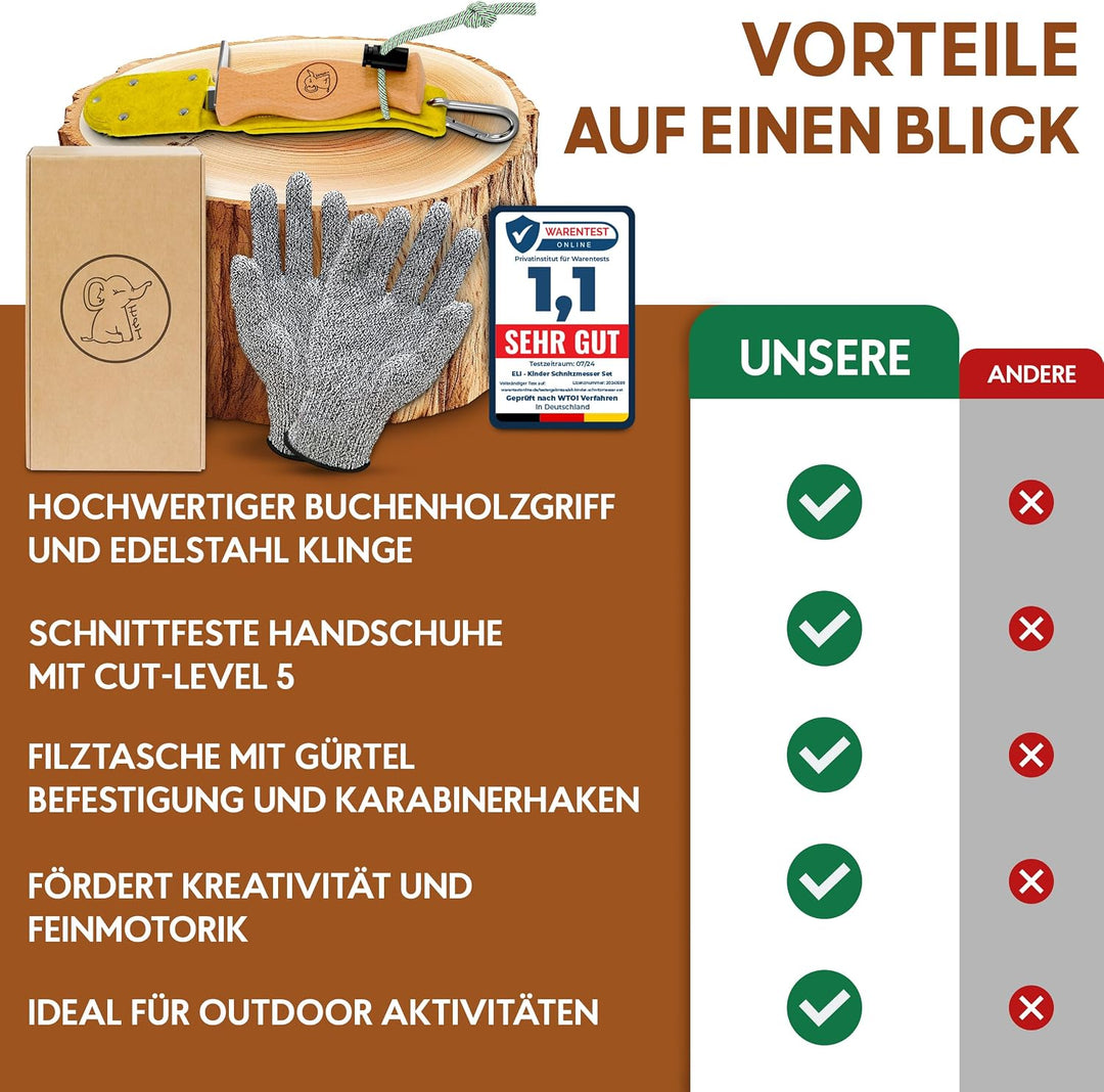 Eli® Schnitzmesser für Kinder mit Schnitzholz und Filztasche ab 6 Jahre Gelb mit Schnitzholz, Gelb m