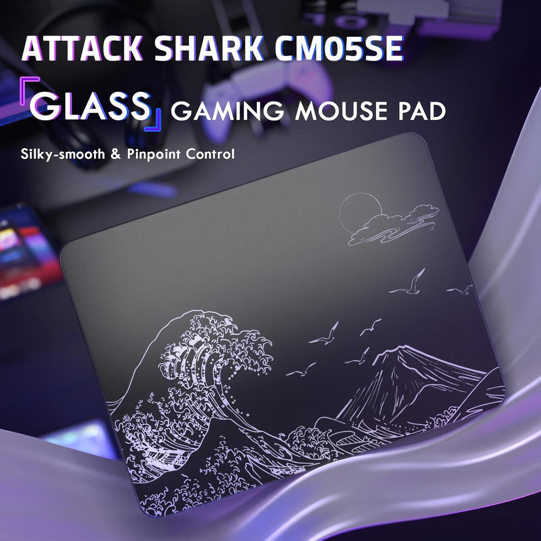 ATTACK SHARK CM05SE Verzerrtes Glas-Mauspad, 9H Härte Kratzfest, Nano-Ätzte Ultraglatte Oberfläche,