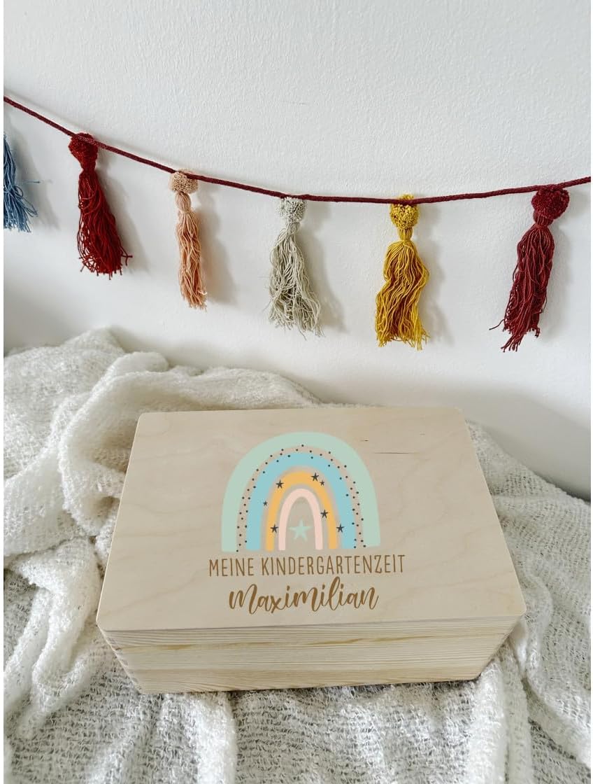 minimutz Erinnerungskiste Kindergarten - Personalisiert mit Name - Erinnerungsbox mit Regenbogen und