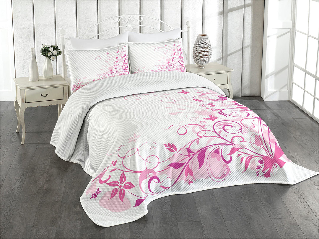 ABAKUHAUS Rose Tagesdecke Set, Strudel Schmetterlinge Blätter, Set mit Kissenbezügen Waschbar, für E