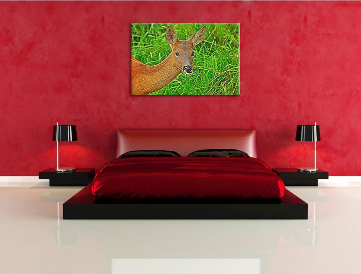 Reh beim Fressen, Format: 100x70 auf Leinwand, XXL riesige Bilder fertig gerahmt mit Keilrahmen, Kun