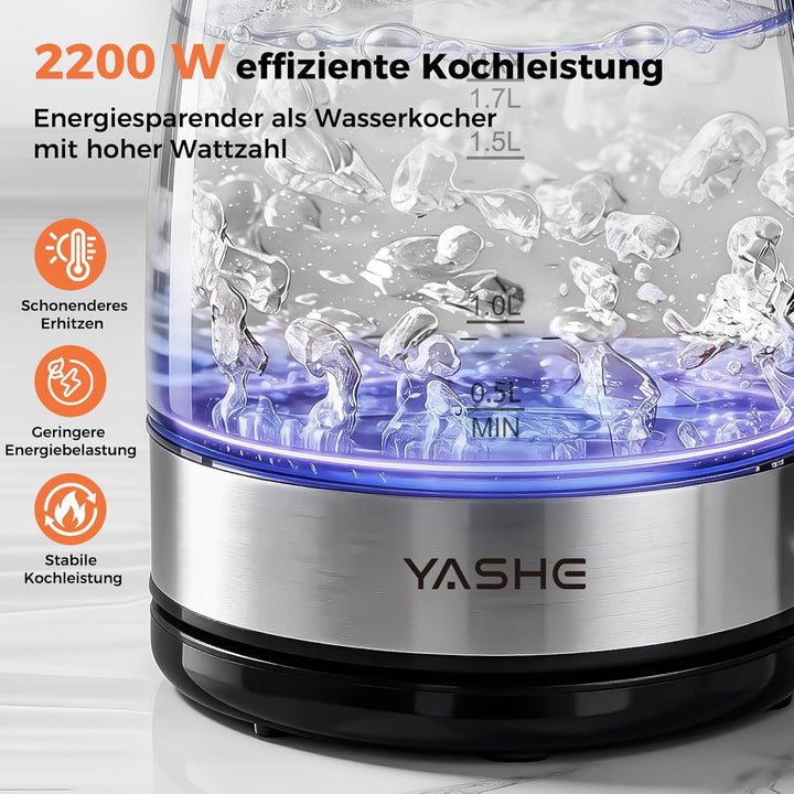 YASHE Wasserkocher Glas 1,7L 2200W Schnellkochend Mit LED-Licht | Edelstahlboden, Kalkfilter, Abscha