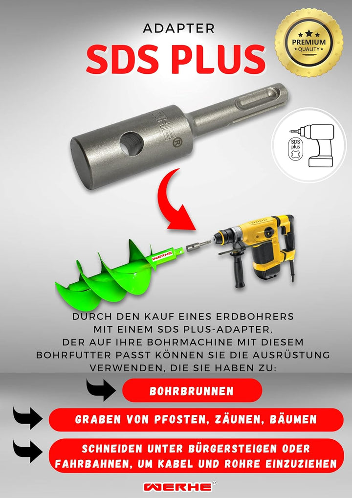 WERHE Profi Erdbohrer Adapter Set passend für SDS Plus Bohrhammer Pfahlbohrer und auch für SDS Max A