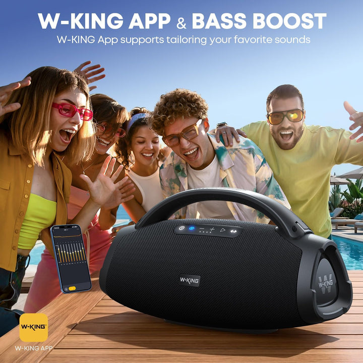 300W PEAK 200W RMS Bluetooth Lautsprecher, W-KING Musikbox Gross mit Subwoofer/EQ APP, Laut Tragbare
