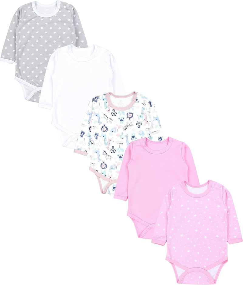 TupTam Mädchen Baby Body Langarm Unifarben 5er Pack 74 Weiss Sterne Rosa Grau Safari Pink, 74 Weiss