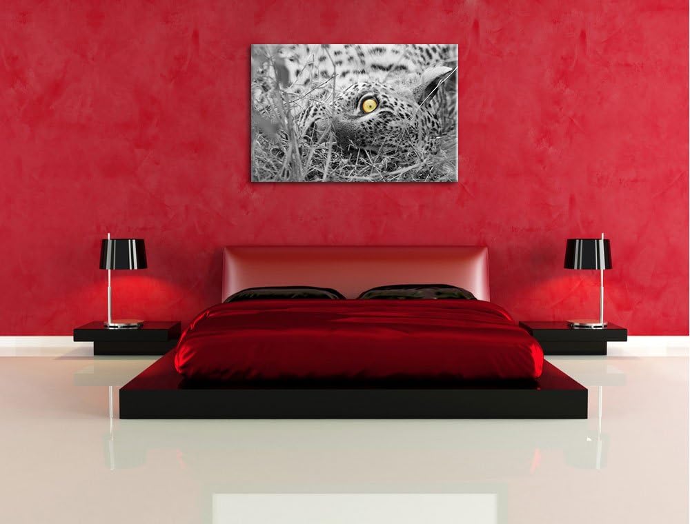 aufmerksamer liegender Leopard schwarz/weiss Format: 100x70 auf Leinwand, XXL riesige Bilder fertig