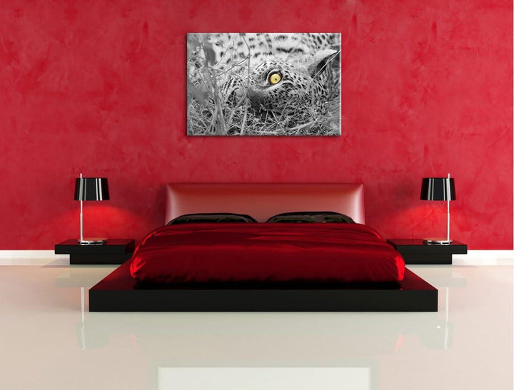 aufmerksamer liegender Leopard schwarz/weiss Format: 100x70 auf Leinwand, XXL riesige Bilder fertig