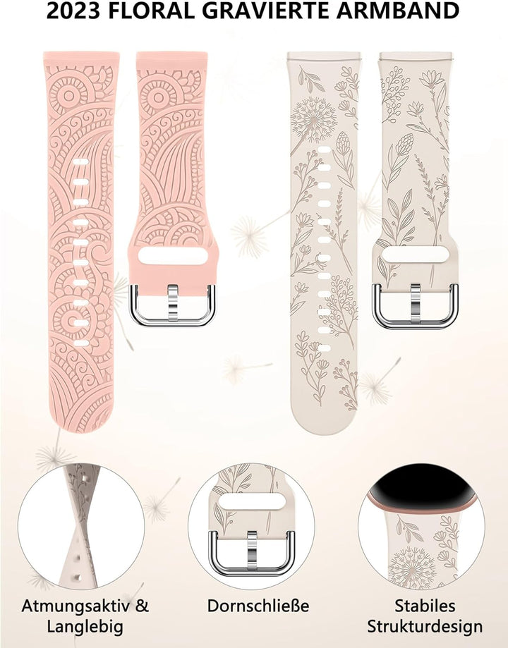 TOYOUTHS 2 Stück Floral Gravierte Armband kompatibel mit Fitbit Versa 4/Versa 3/Sense 2/Sense Armban