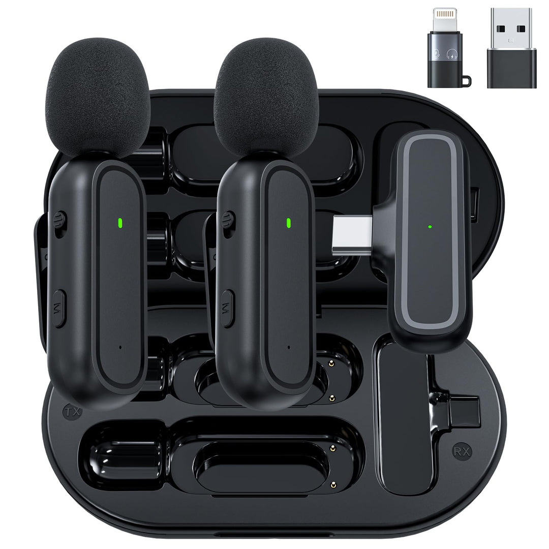 Kabelloses Lavalier-Mikrofon für iPhone, iPad, Android, inklusive Ladehülle und Klinkenadapter, Raus