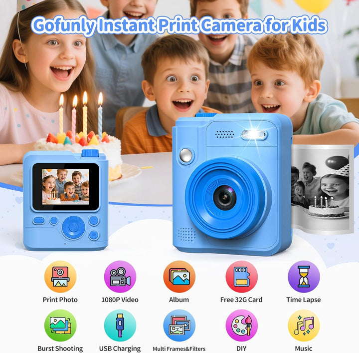 Gofunly Sofortbildkamera Kinder, 1080P HD Kinderkamera Sofortbildkamera mit 32GB Karte & DruckerPapi