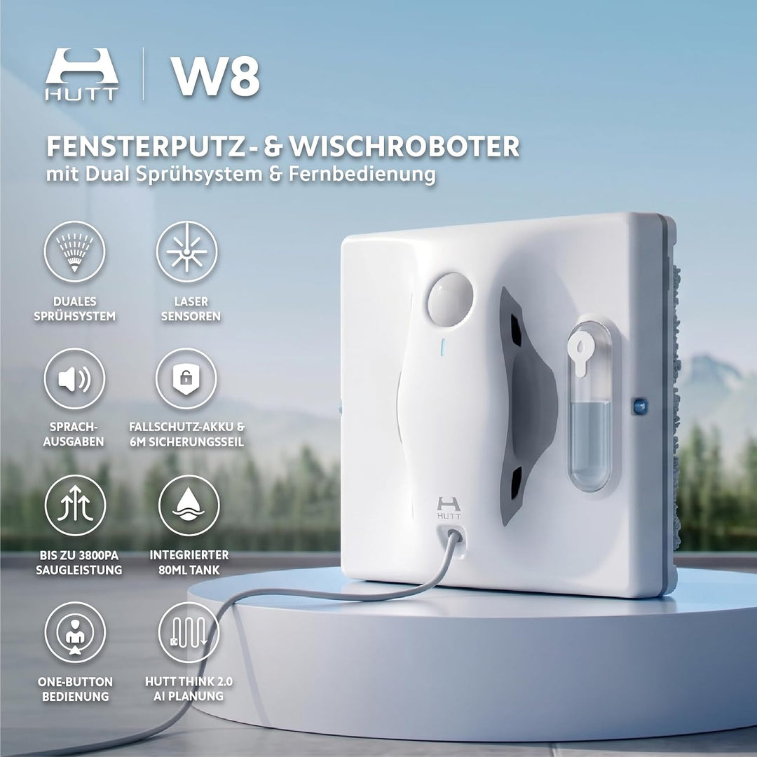 Hutt W8 Fensterputzroboter & Wischroboter für Flächen wie Fliesen, Spiegel etc (max 3800Pa Saugleist