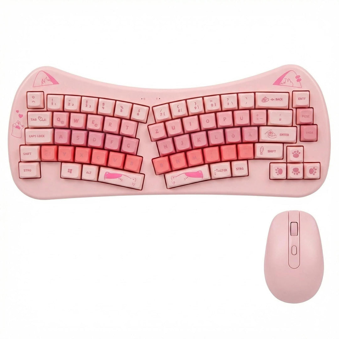 Rii Tastatur und Maus Set Katzenohren-Design, Kabellos 2,4GHz, Pastell Rosa, Kompaktes Schreibgerät