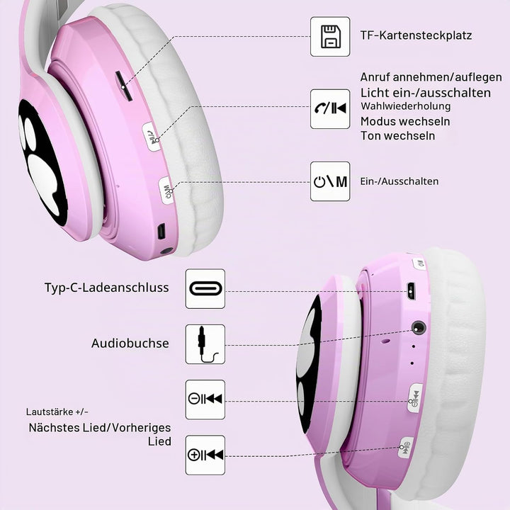 Bluetooth kopfhörer Kinder,Mädchen Katzenohr Kopfhörer Over-Ear mit LED-licht Faltbare Stereo Kopfhö
