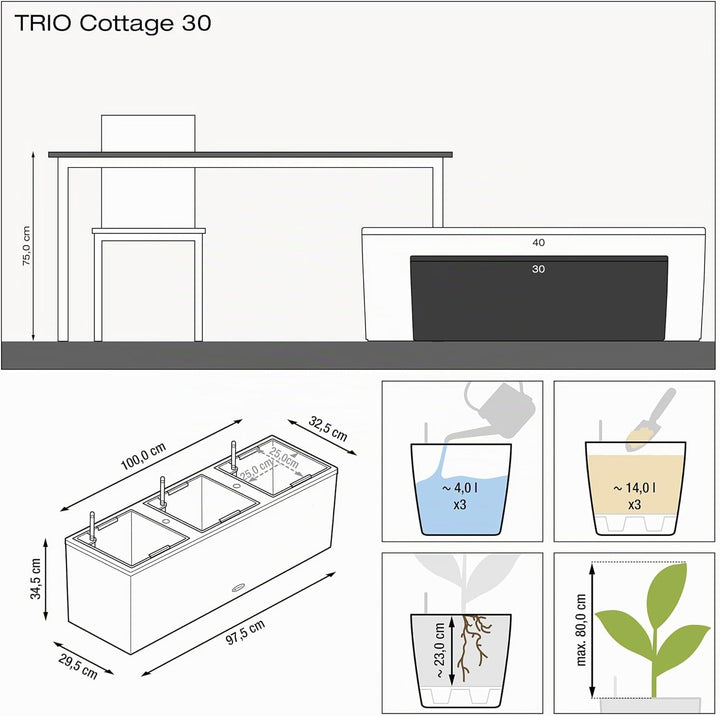 LECHUZA TRIO Cottage 30 mokka 15005 Pflanzgefäss mit Erd-Bewässerungs-System 100x32,5x34,5 cm Mokka,