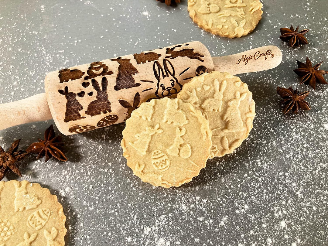 OSTERN 3-er SET Kinder Nudelhölzer Teigrolle für hausgemachtes Gebäck. Nudelholz mit muster. Gravier