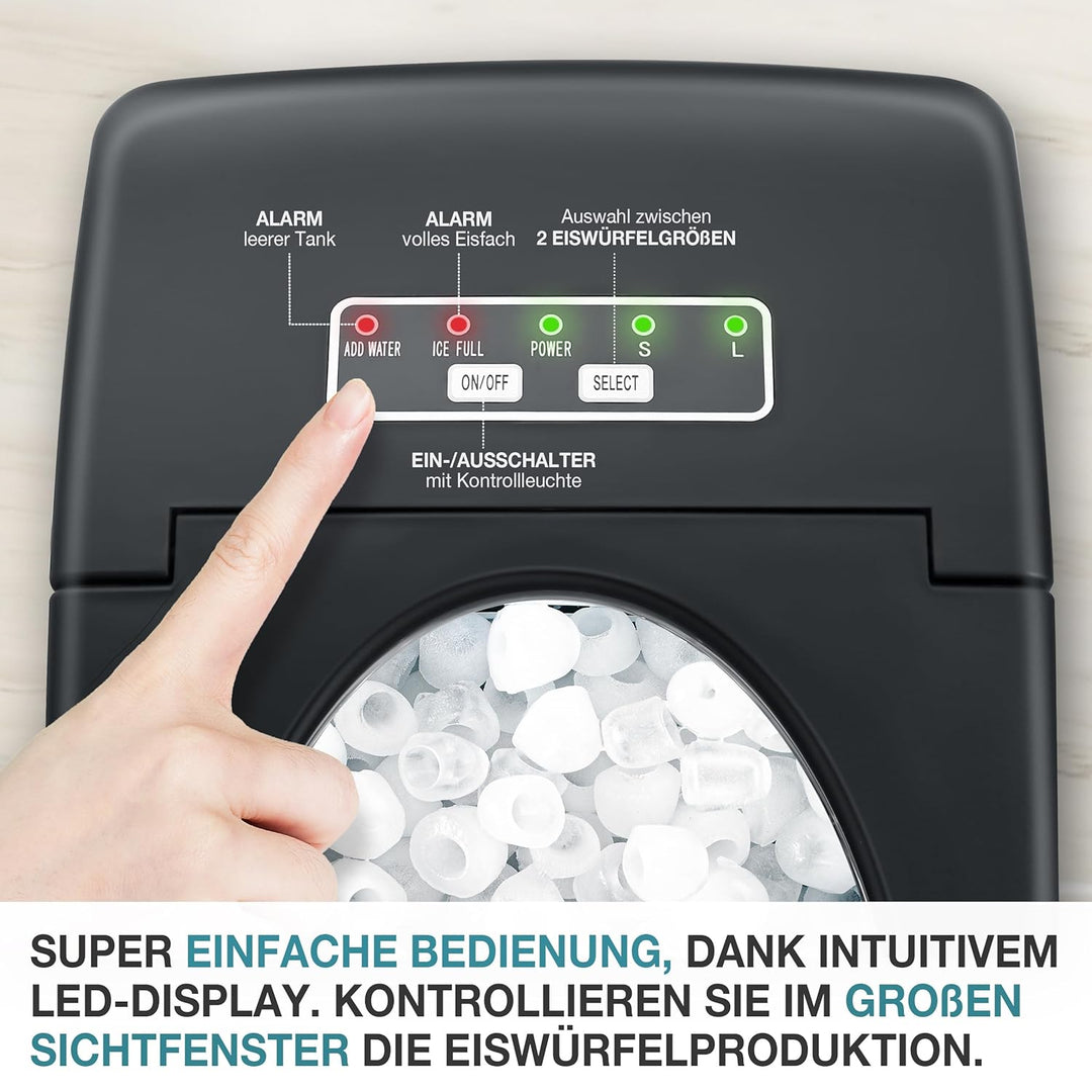 TOM Eiswürfelmaschine – 9 Eiswürfel in 6-8 min – 12 kg/24 h – 2 Würfelgrössen – Ice maker Eiswürfelm