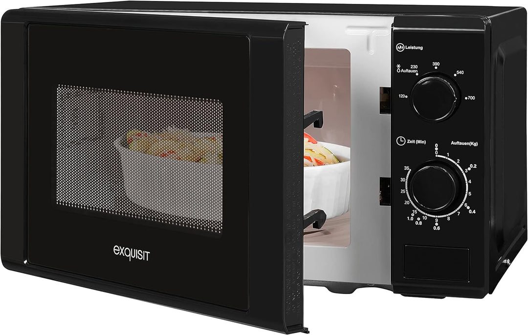 Exquisit® Mikrowelle 700 W, 20 Liter, schwarz, Drehteller 25 cm, modernes Design, lackierte Innenaus