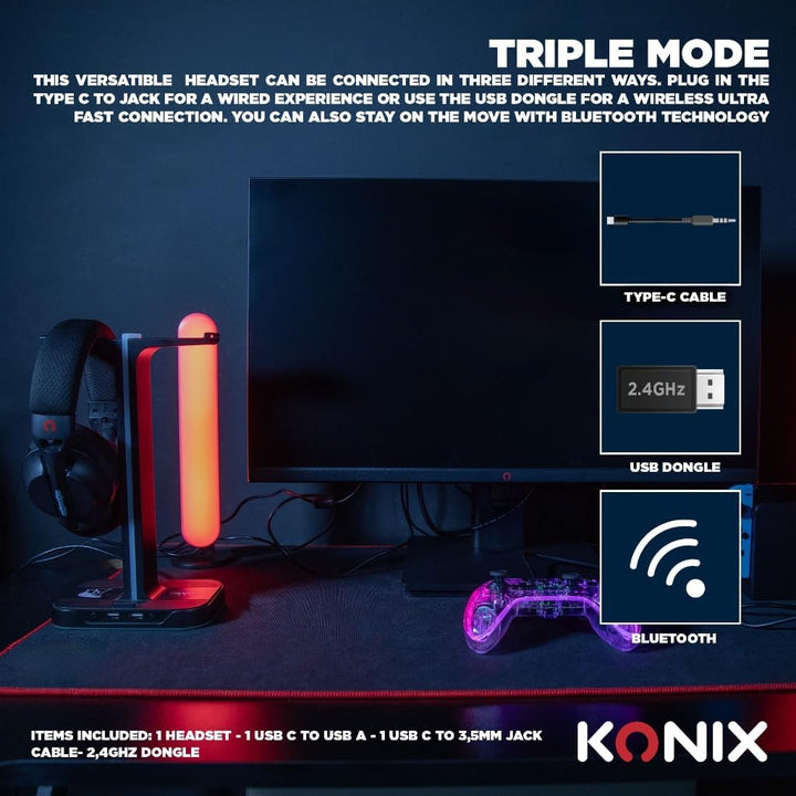 Konix Pulsar ultraleichtes Gaming-Headset 180 g für PC - 40 mm Lautsprecher - Mikrofon - Bluetooth/U
