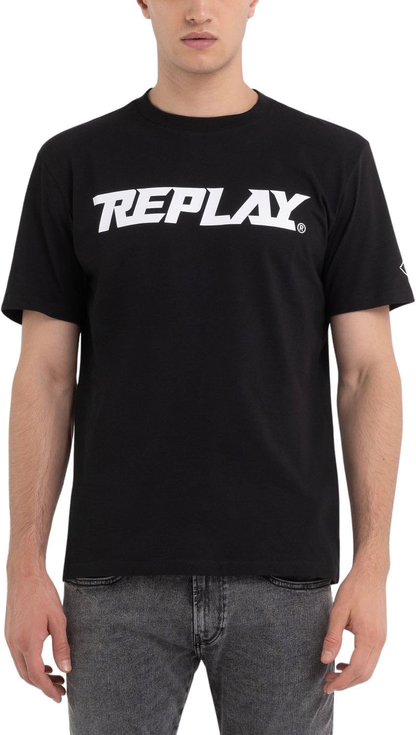 Replay Herren T-Shirt Kurzarm Rundhalsausschnitt mit Logo XL Black 098, XL Black 098