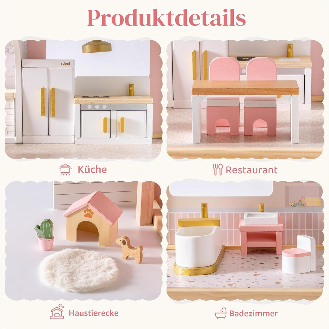 ROBUD Holz Puppenhaus Möbel Set 28-TLG, Puppenmöbel Zubehör für Puppenhaus, Schlafzimmer Küche Wohnz