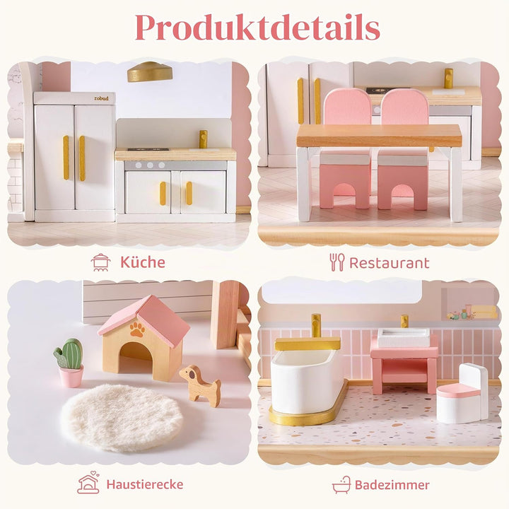 ROBUD Holz Puppenhaus Möbel Set 28-TLG, Puppenmöbel Zubehör für Puppenhaus, Schlafzimmer Küche Wohnz