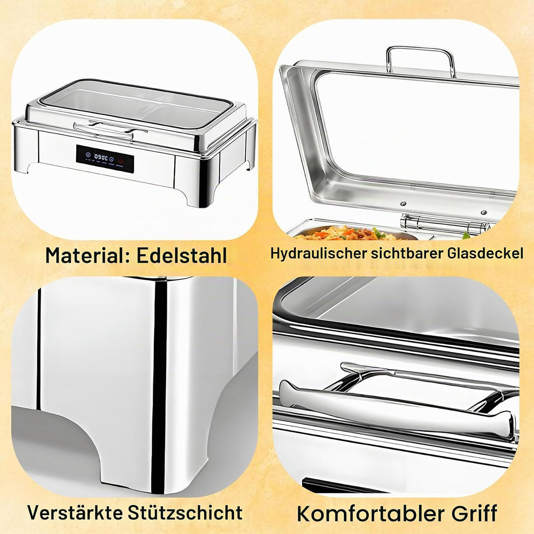 Chafing Dish Elektrisch, 9L Edelstahl Speisewärmer Buffetwärmer mit Touch-Temperaturregelung, Warmha
