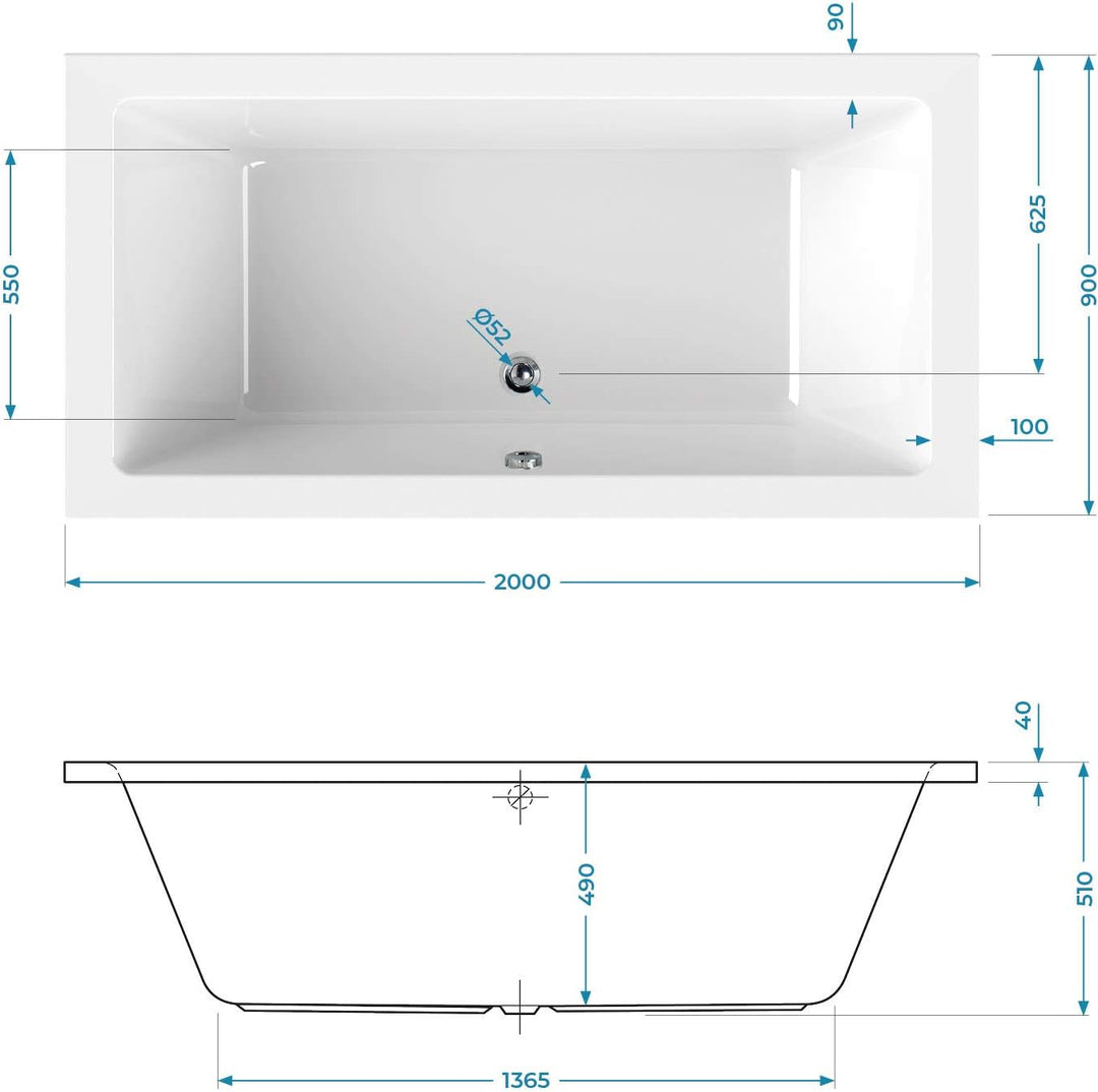 Calmwaters® Rechteck-Badewanne 200x90 cm, Acrylwanne Modern Square 2, Duo-Badewanne für zwei Persone