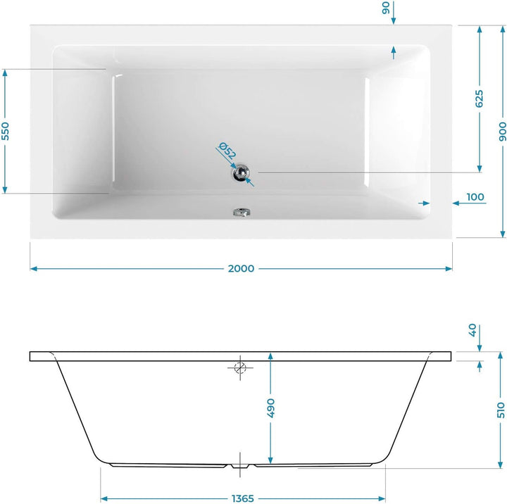 Calmwaters® Rechteck-Badewanne 200x90 cm, Acrylwanne Modern Square 2, Duo-Badewanne für zwei Persone