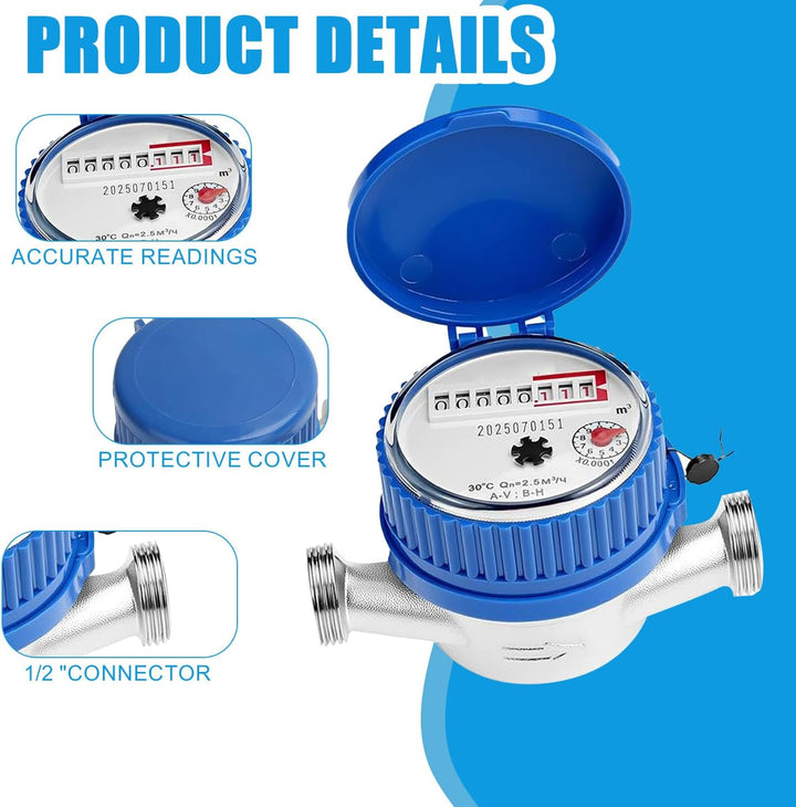 Wasserzähler 1/2" Garten Geeicht, Trockenwasserzähler mit Einkanal-Messwerk, Wasseruhr mit Anschluss