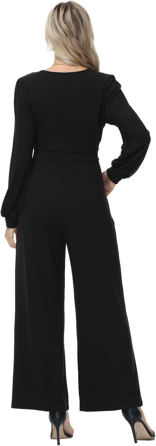Tanmolo Damen Lang Jumpsuit Langarm V-Ausschnitt Overall Elegant Hosenanzug Weites Bein Romper Mit T