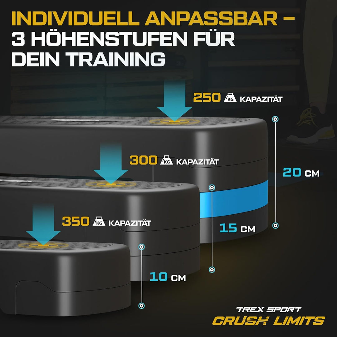 TREX SPORT Steppbrett für zuhause höhenverstellbar TX-030AS | 68×28×10/15/20cm Aerobic Stepper 3 Stu