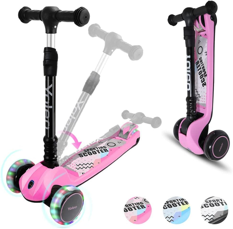 YOLEO Kinderoller Kinderscooter Dreiradscooter mit LED Räder, 2-Rädern Hinterbremsen,4 Höhenverstell