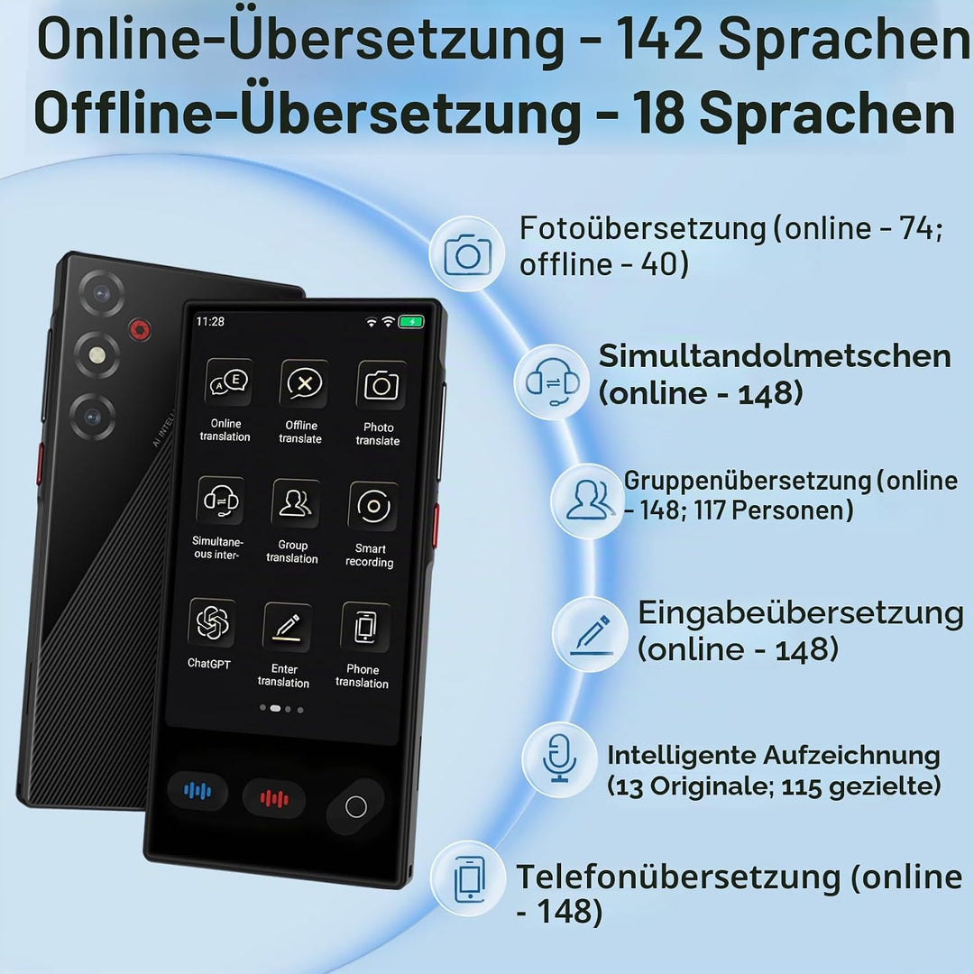 Sprachübersetzer Ohne Internet, Tragbar Übersetzungsgerät mit 148 Sprachen und Deutsch Offline, Ki Ü