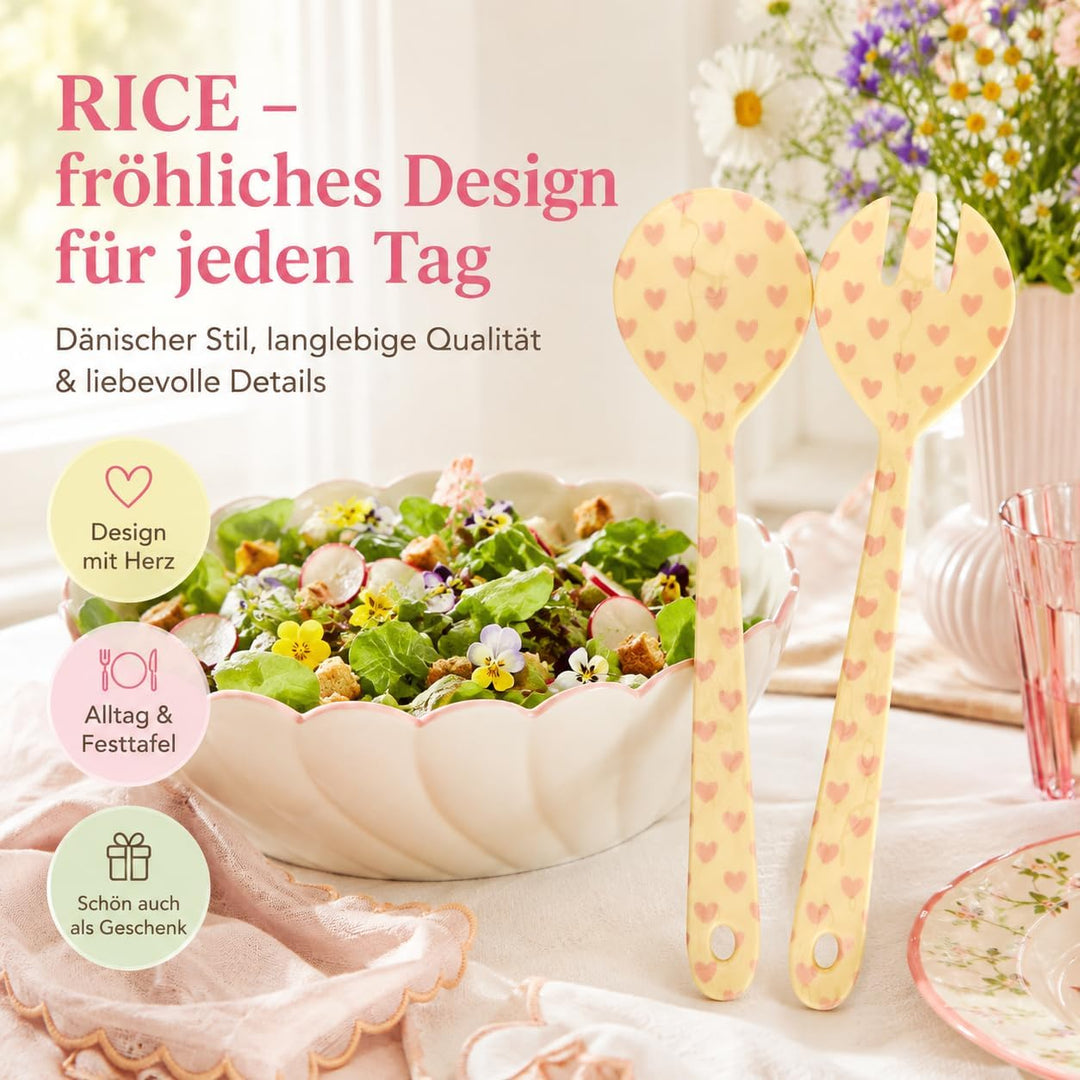 RICE Salatbesteck Melamin 2-teilig, creme rosa Herzmotiv, 29 cm | Salatlöffel &amp; Salatgabel, BPA-frei