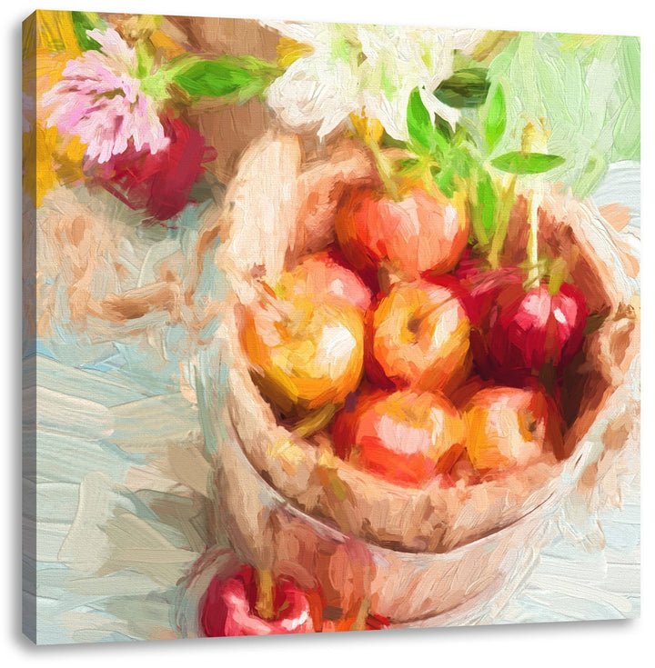 Pixxprint Bucket of Cherries Pinsel Effekt, Format: 70x70 auf Leinwand, 70x70