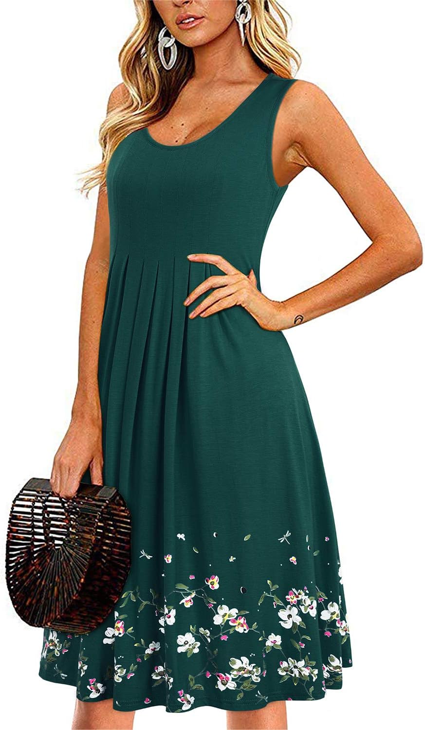 KILIG Sommerkleid Damen Strandkleid Midi Ärmellose Kleid Sommer Leicht Blumenkleid Freizeitkleid A1-