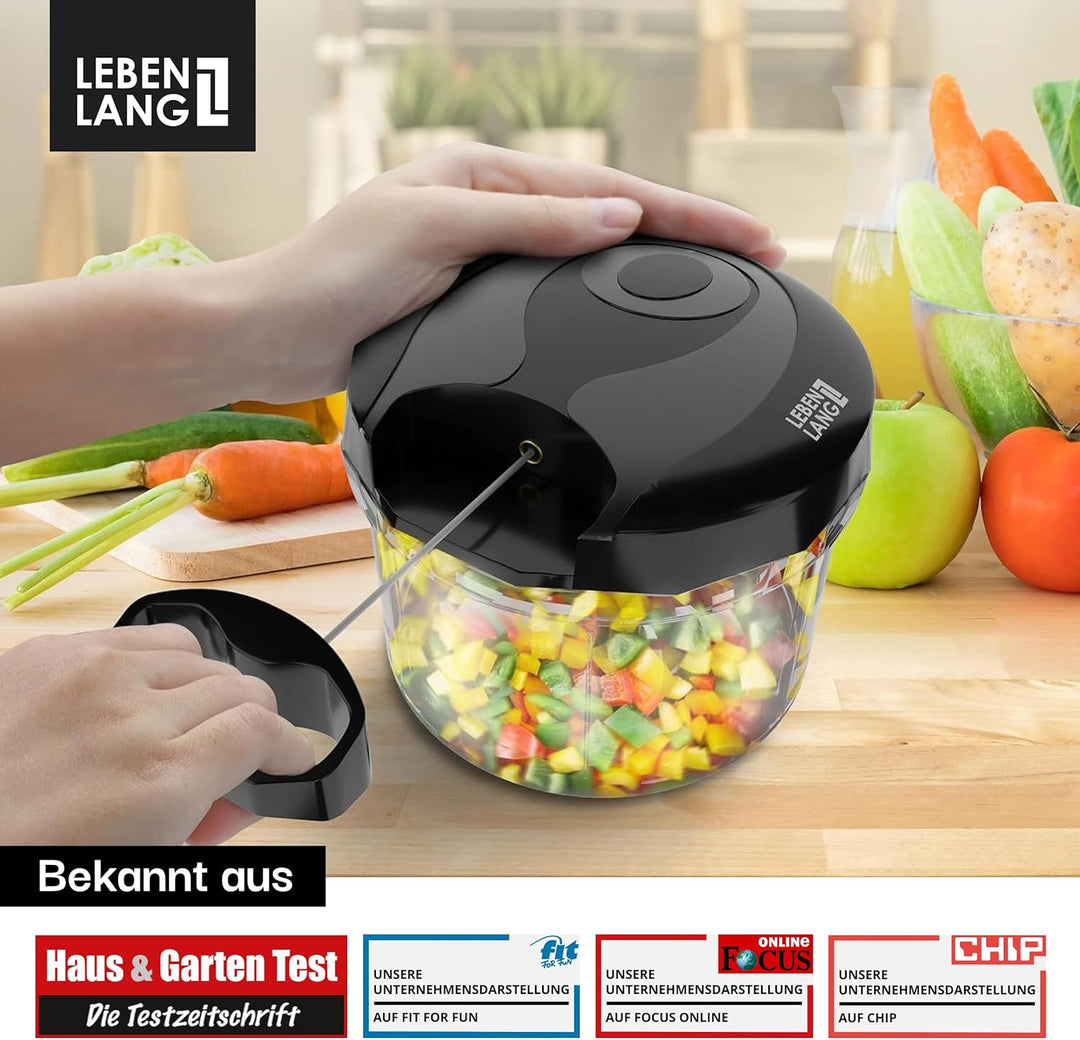 LEBENLANG Gemüse & Zwiebelschneider - 1L Obst Zerkleinerer manuell & BPA-Frei | Schwarz für Zwiebeln