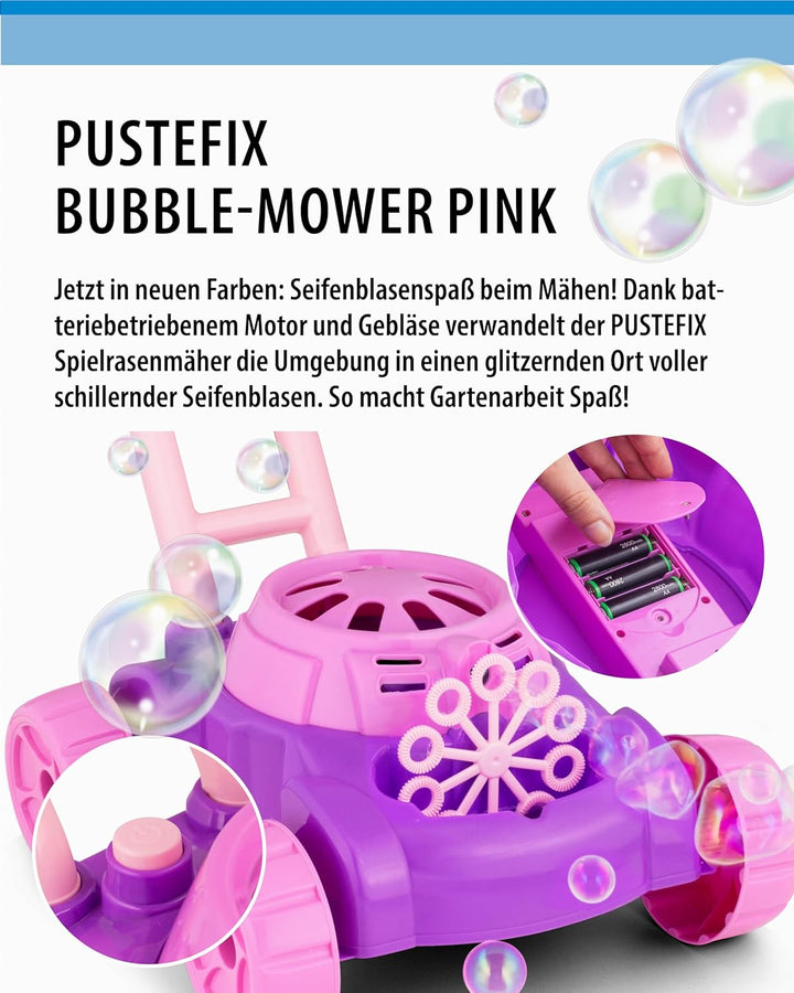 PUSTEFIX Bubble-Mower Rasenmäher Pink & 5L Nachfüllkanister I Lustiges Seifenblasen Kinder Set mit S
