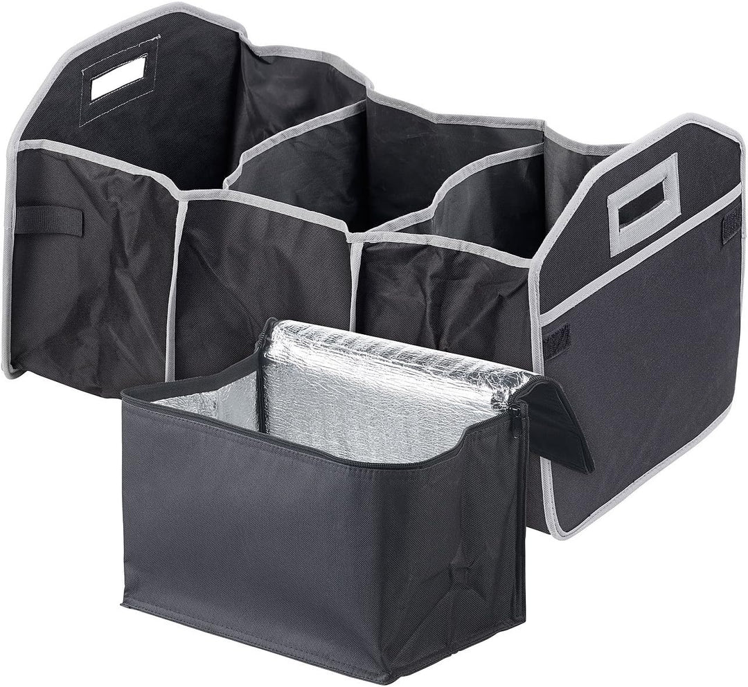 Lescars Kofferraumboxen: 2er-Set 2in1-Kofferraum-Organizer mit 3 Fächern & Kühltasche, faltbar (Car