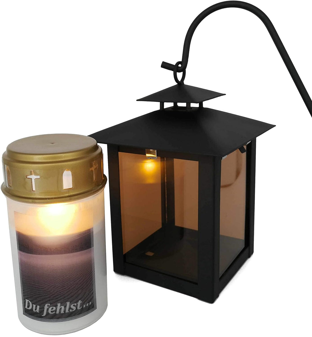 Grablaterne, Grableuchte ideal für Urnengrab aus Stahl, schwarz matt mit Echtglasscheibe inkl. 3 tlg