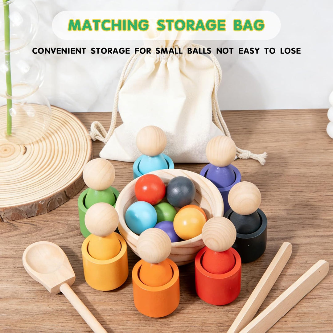 Montessori Holz Sortier Set,7 Regenbogen Bälle 30mm + 7 Tassen,Sensorisches Lernmaterial für Farbe S
