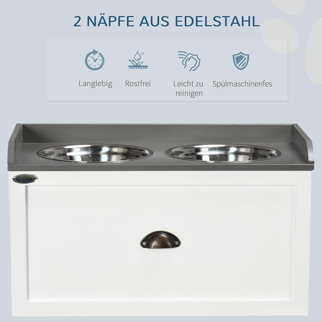 PawHut Hundenapf mit Schublade, 2 x 2L Futternapf, erhöhter Fressnapf, Edelstahlnapf, Futterstation