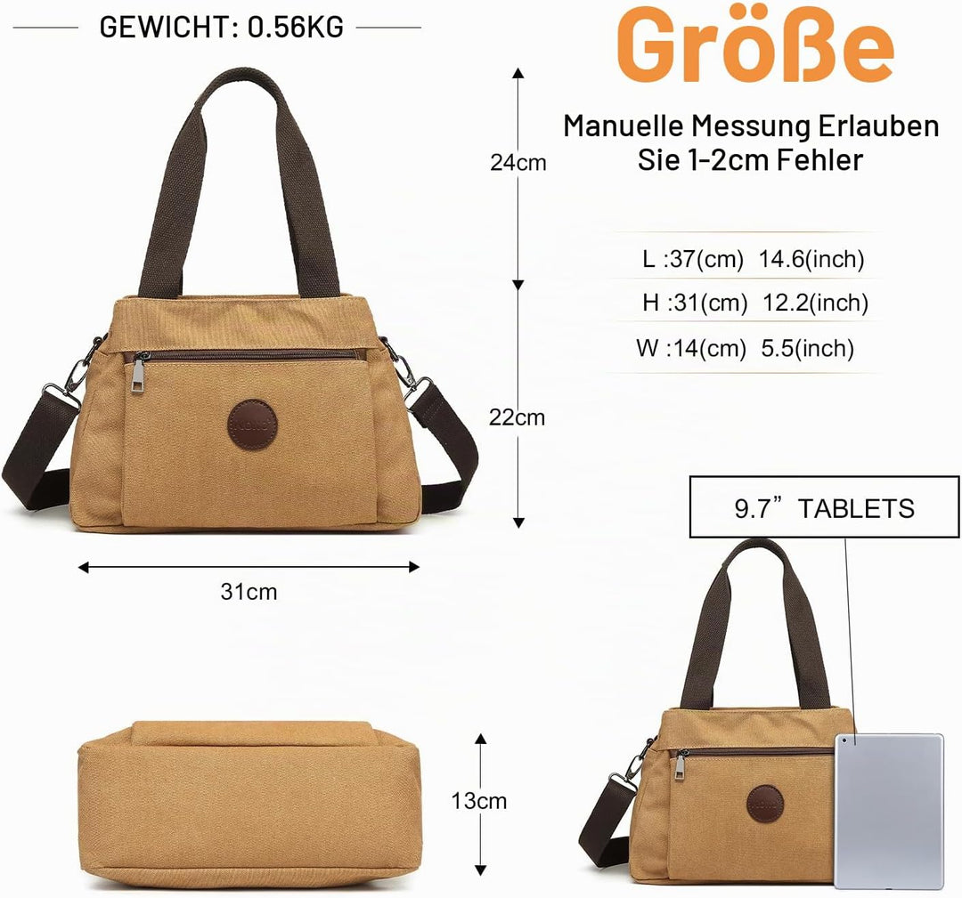 KONO Canvas Handtasche Damen Umhängetasche Hobo Schultertasche Vintage Crossbody Bag Casual Tasche F