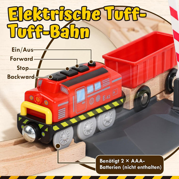 Lehoo Castle Holzeisenbahn, 68 Pcs Eisenbahn Holz mit Kran Spielzeug, Eisenbahn Kinder Elektrisch, B