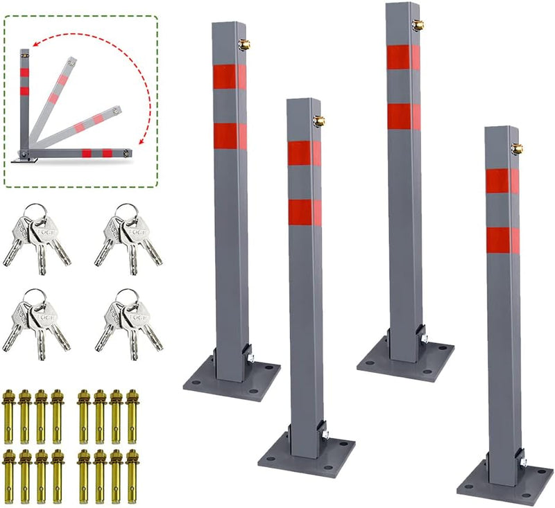 Ansobea 4x Parkpfosten mit 3 Schlüssel klappbar Absperrpfosten, Stahl Parkplatzsperre Parkplatzsperr